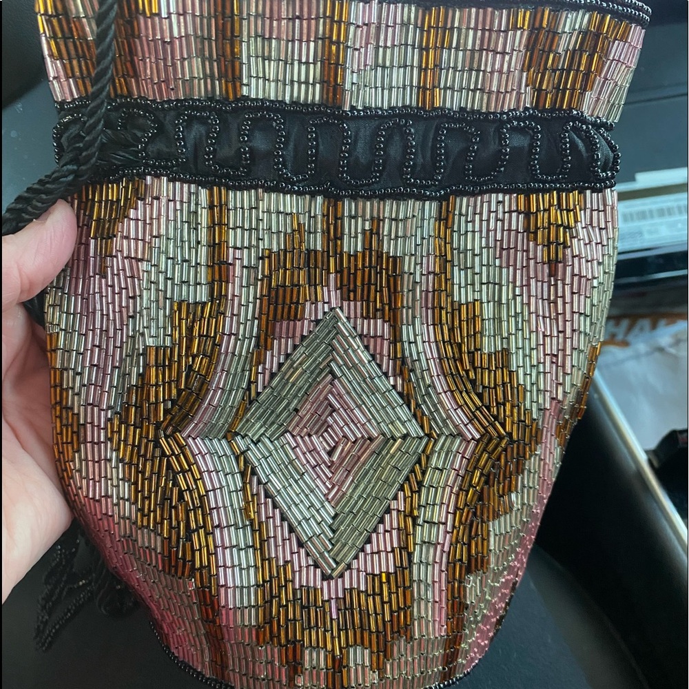 Frim St Vincent Portia Bag Art Deco Glass Beads. Drawstring Pouchette Pouch